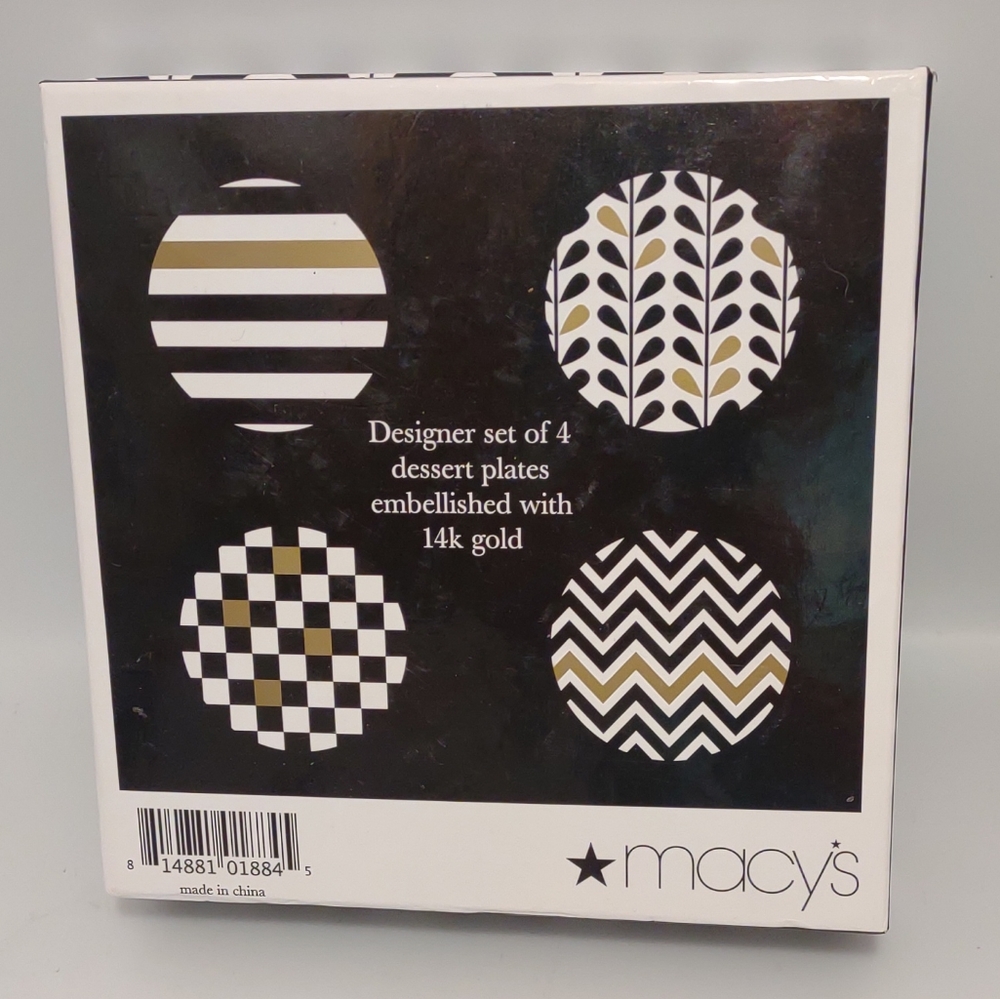 Set of 4 Macy's Designer  6”. Dessert Plates - Embellished 14K Gold - 4 Styles